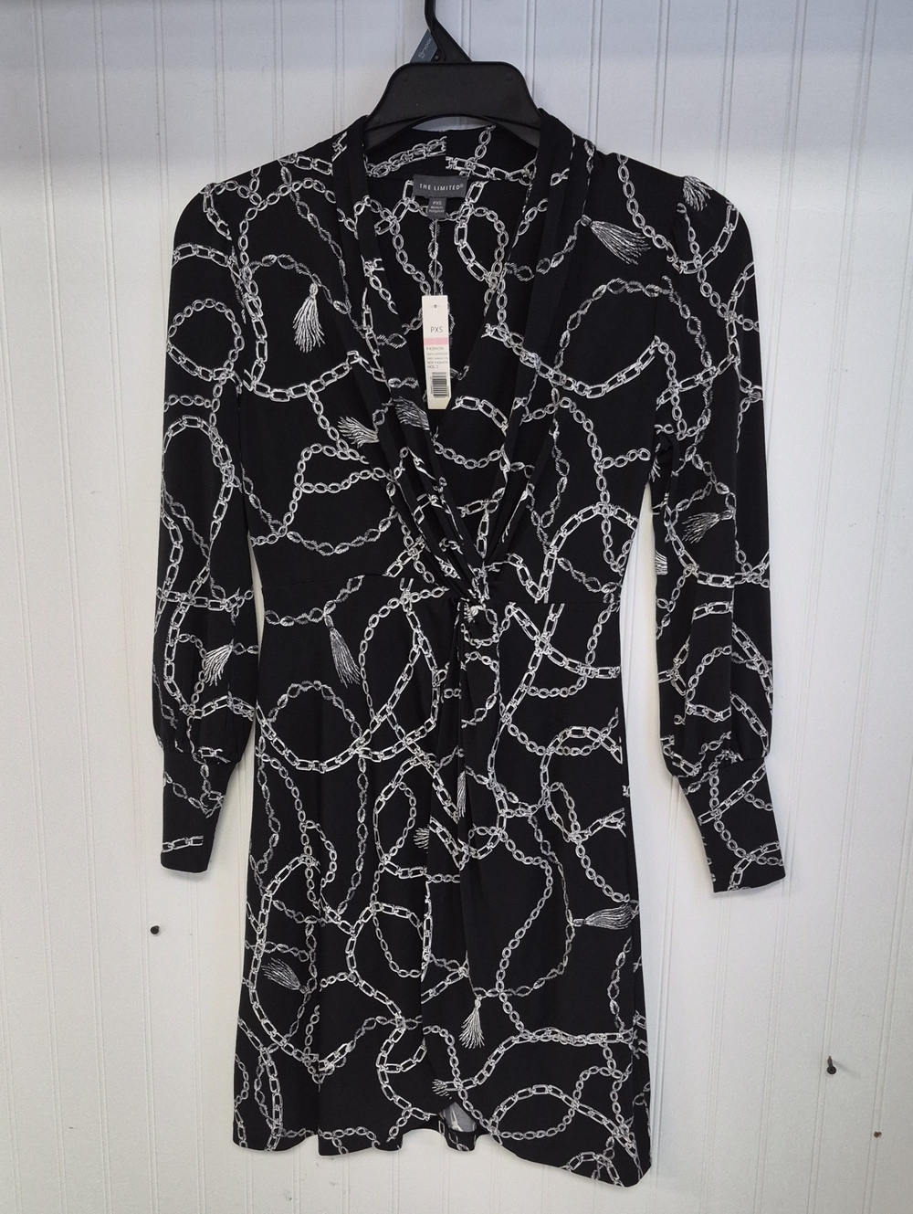 The Limited Black and White Chain-Print Long Sleeve Wrap Dress